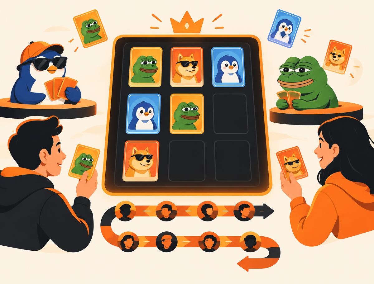 Managers picking meme coin cards from a draft board in snake order