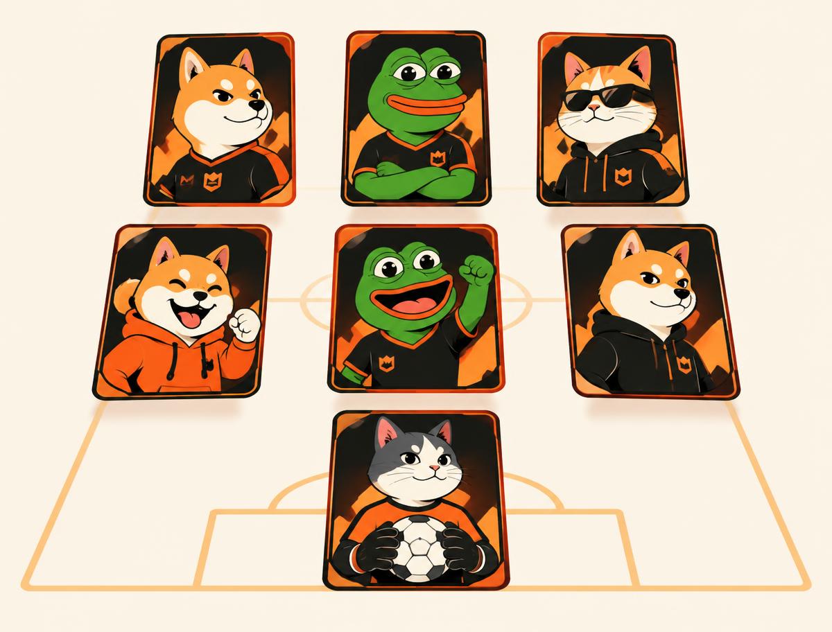 Seven meme coin cards arranged in a starting formation