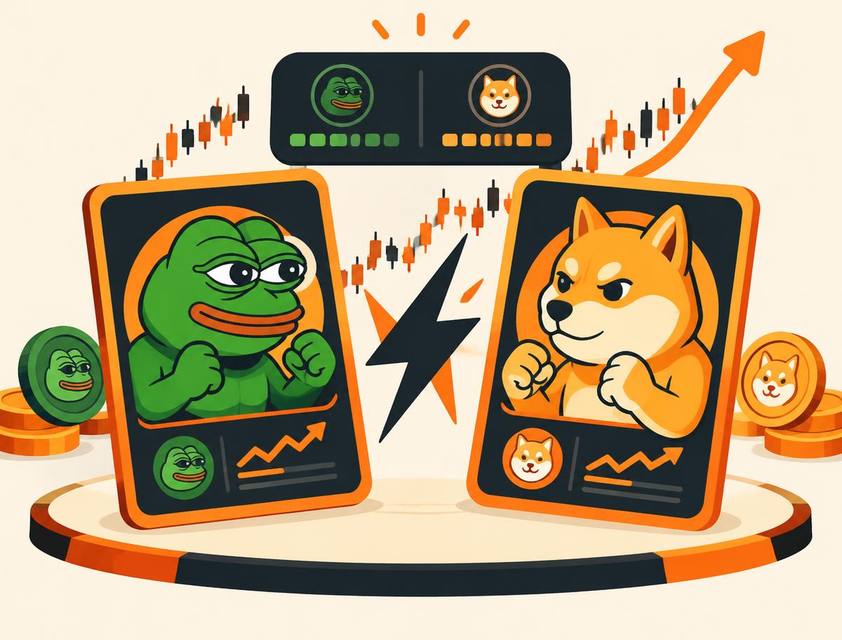 Two meme coin cards facing off with a scoreboard and price chart