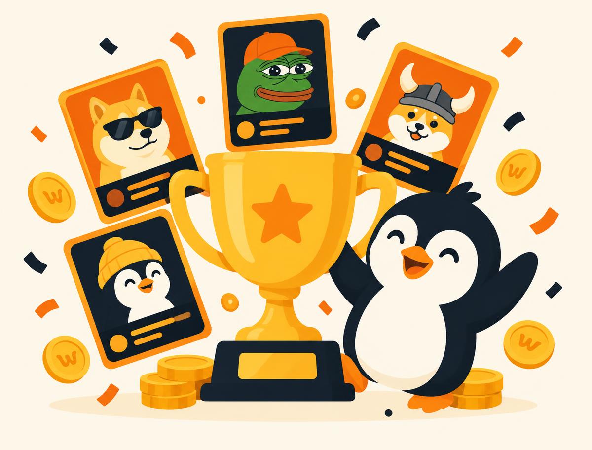 A trophy surrounded by meme coin cards and confetti